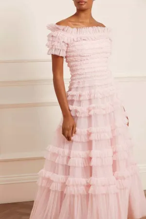 DurableStitching Open-back Lisette Ruffle Off Shoulder Gown