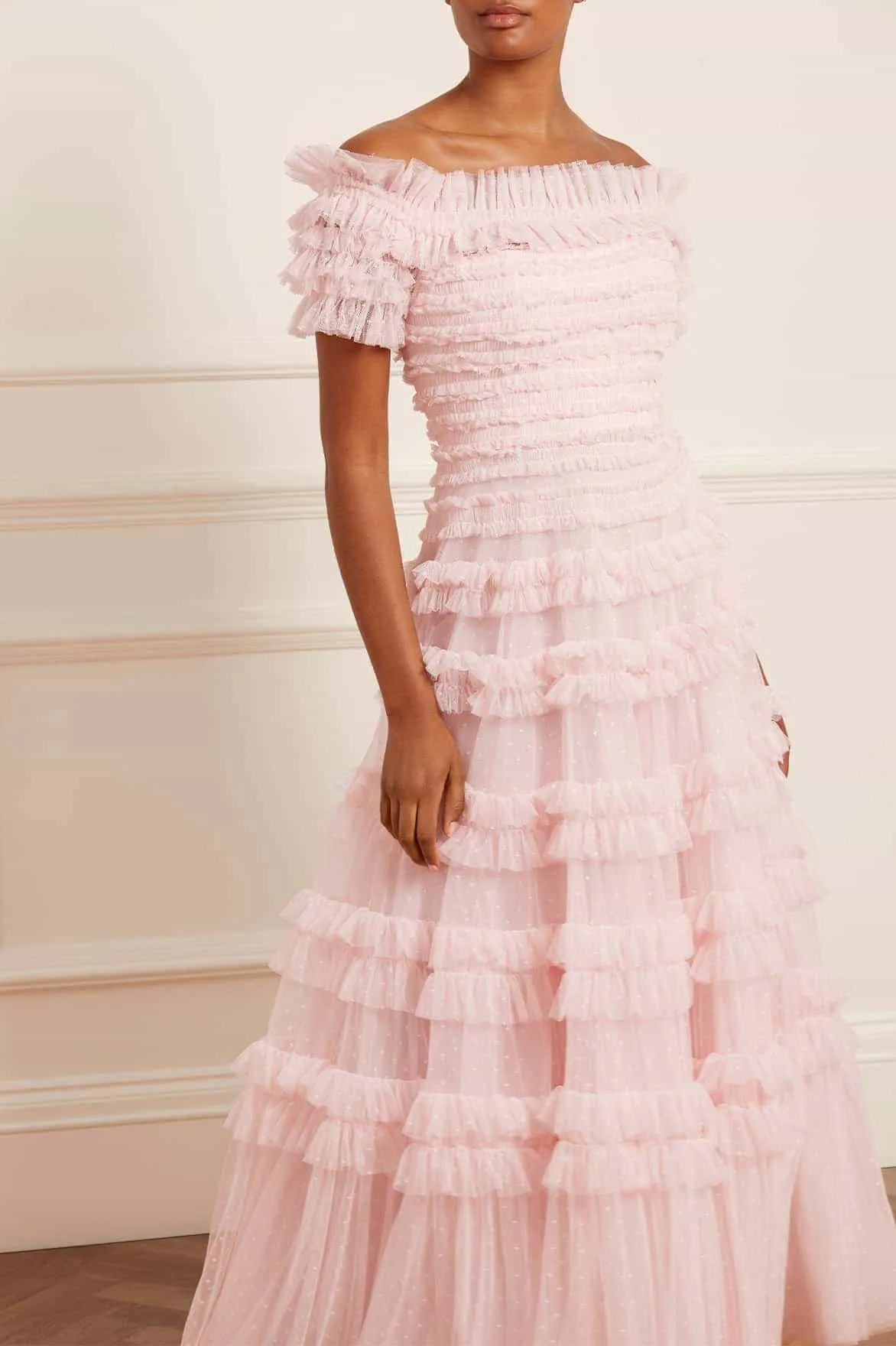 DurableStitching Open-back Lisette Ruffle Off Shoulder Gown