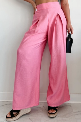 Eco Friendly Material Stretch waistband Energetic Response High Rise Pleated Wide Leg Pants (Pink)