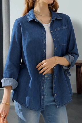 MultiPanelBreathability Reinforced Stitching DENIM CHAMBRAY BUTTON UP LONG SLEEVE TOP