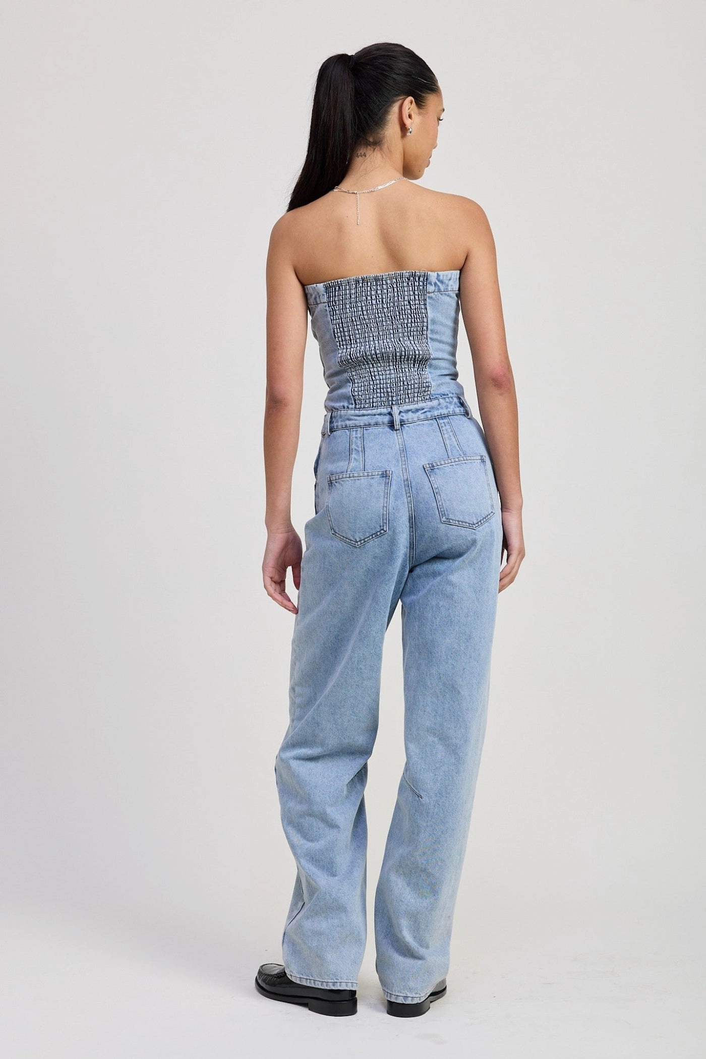 SOPHIA STRAPLESS DENIM JUMPSUIT Clean Guest Slim Family