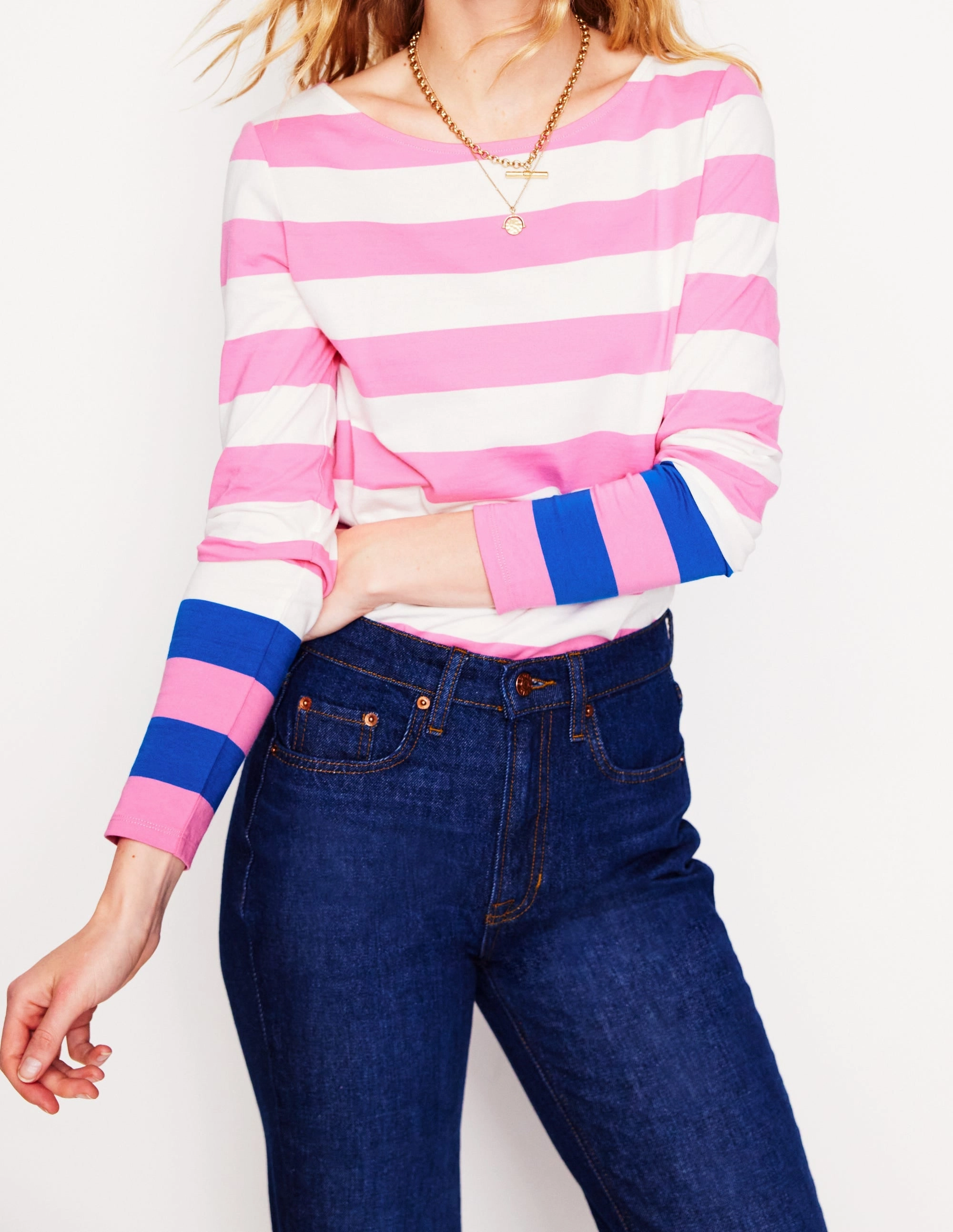 UVProtectionCoating Ella Long Sleeve Breton-Pink Rose, Gallery Blue Cuff
