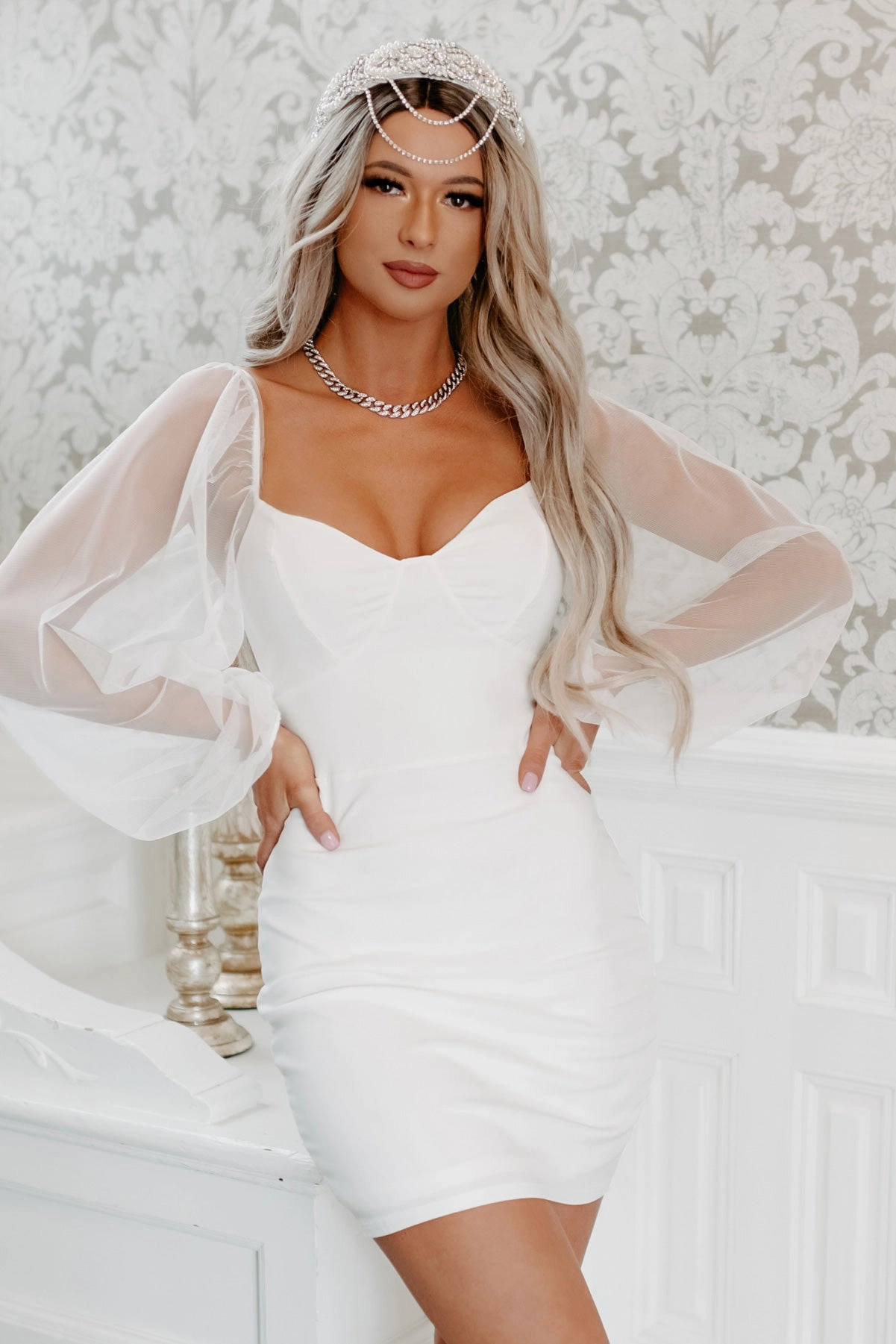 Street Style LayeringFriendly Weight Feelings Of Forever Mesh Sleeve Bodycon Dress (Off White)