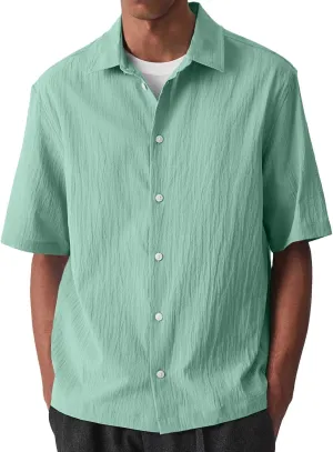Summer Cotton Linen Tops Mens Stylish 3/4 Sleeve Button Down Oxford Shirt Plus Size Casual Solid Color Beach Tee Top