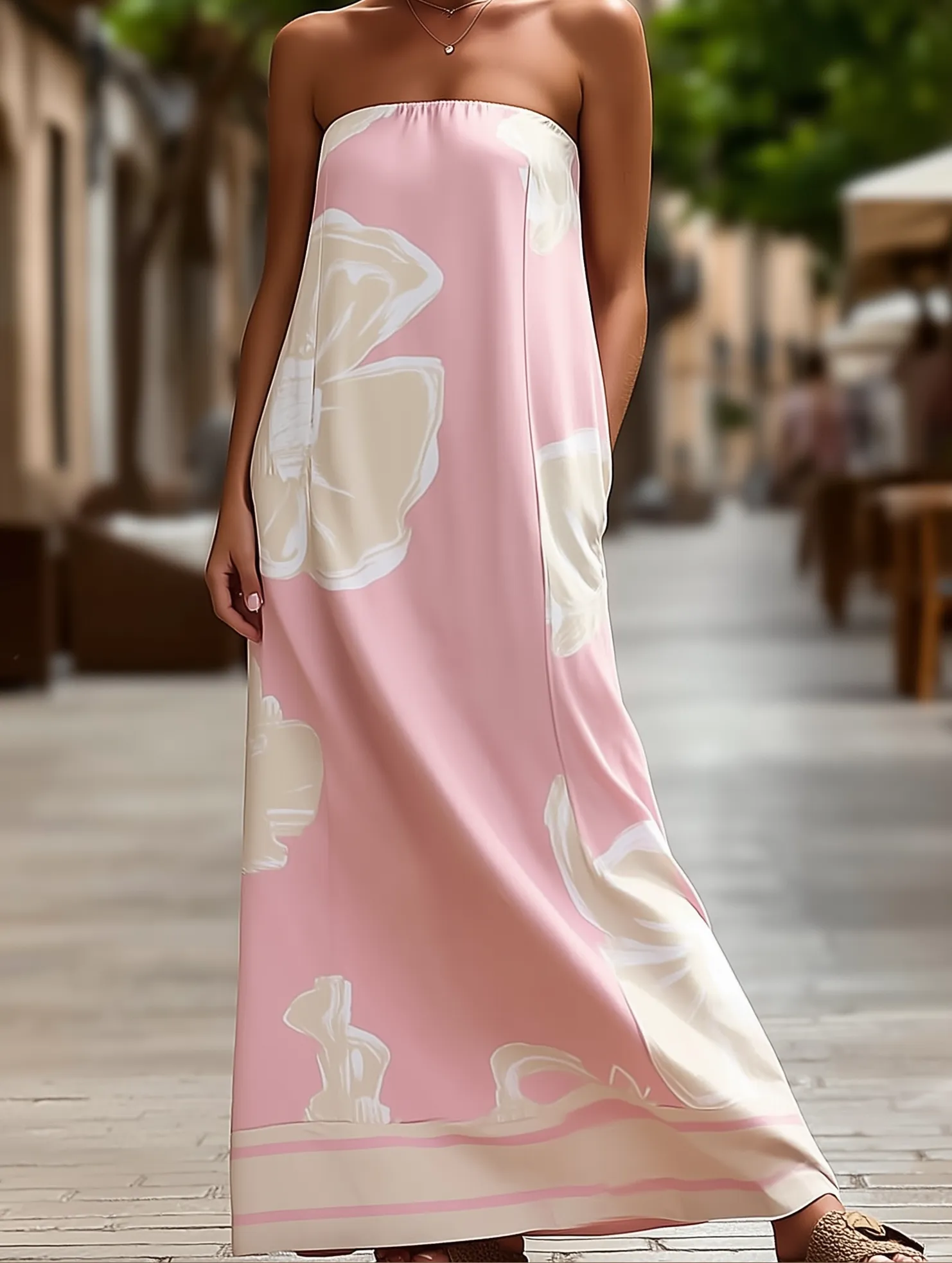 Summer Sexy Tube Top Printed Swing Dress ??Strapless Casual Dress Texture Flow