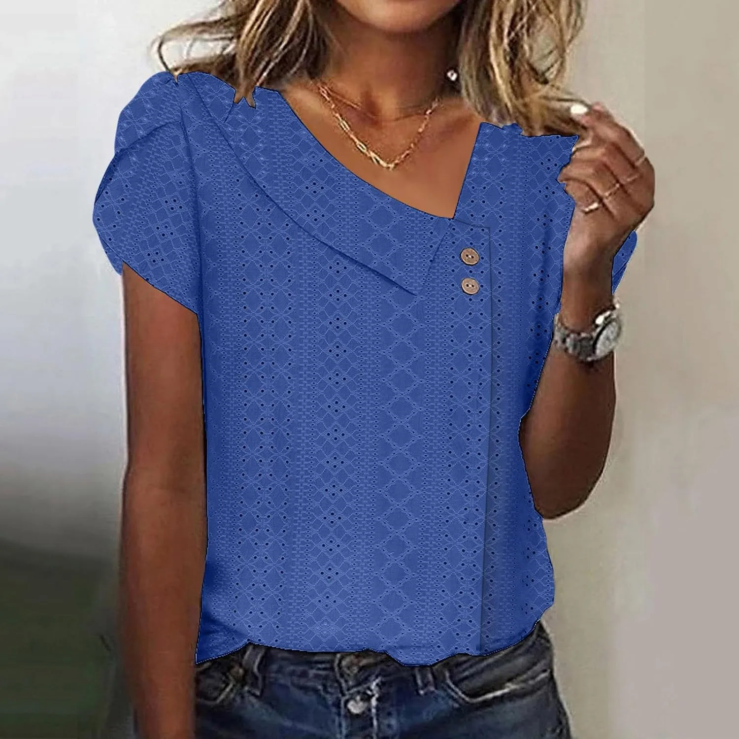 Summer Tops for Women 2025 Fashion Casual Short Sleeve Asymmetric V Neck Tees Eyelet Buttons Slim Fit Solid Shirts