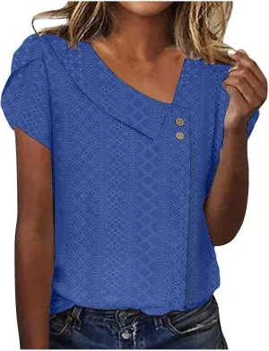 Summer Tops for Women 2025 Fashion Casual Short Sleeve Asymmetric V Neck Tees Eyelet Buttons Slim Fit Solid Shirts