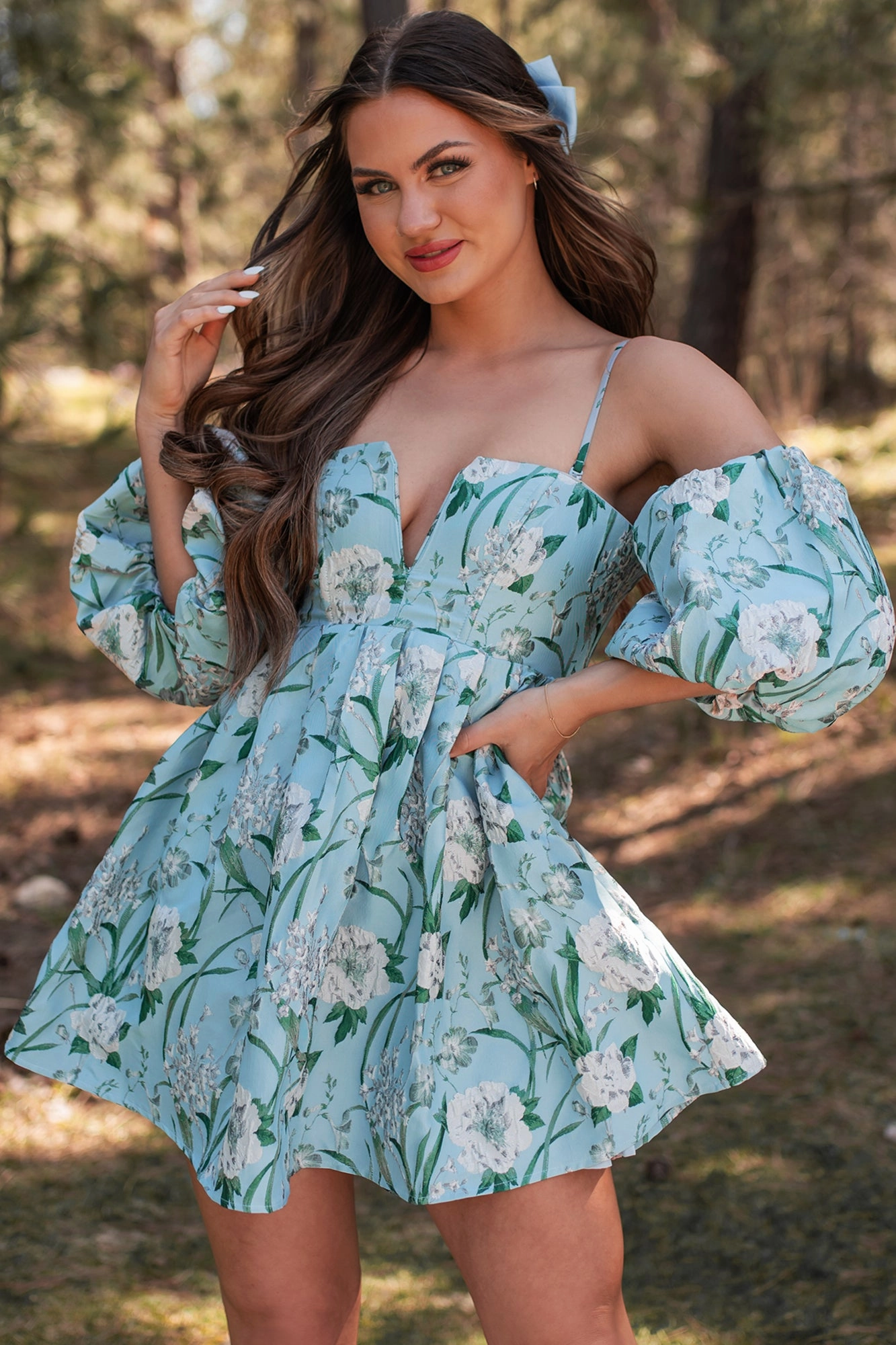 The Beauty Within Off The Shoulder Floral Mini Dress (Aqua Blue) velvet feel