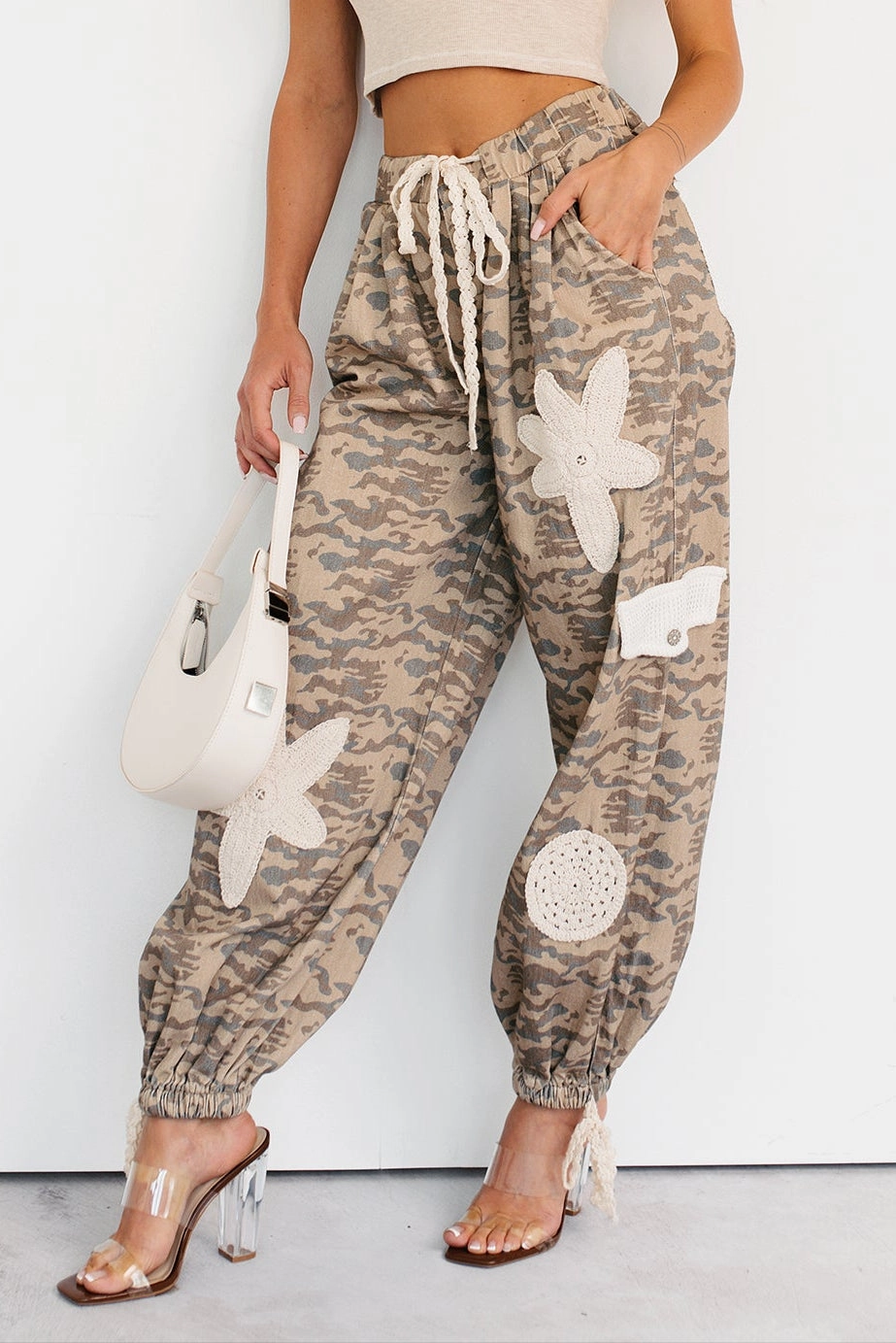 Sun Comes Up POL Drawstring Denim Joggers (Beige Camo) Flatlock Seam Design FasteningHood