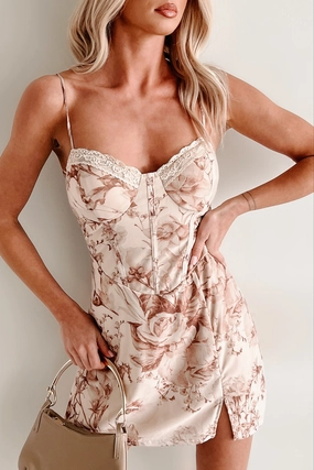 Sweet But Salty Floral Sweetheart Mini Dress (Brown) Fresh Outfit