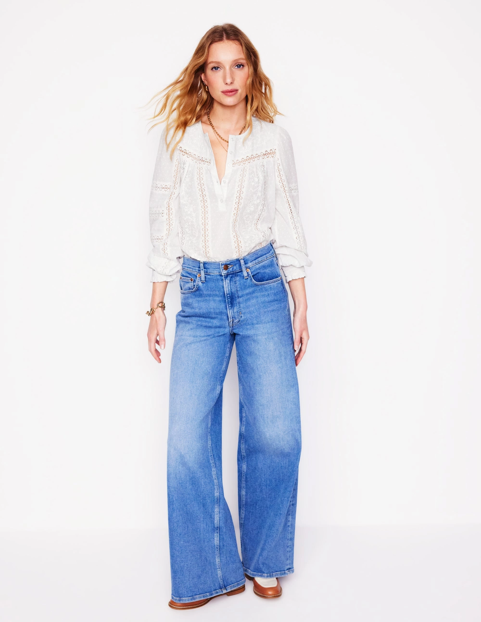 LongSleeve RibbedNeckline Embroidered Panel Blouse-White