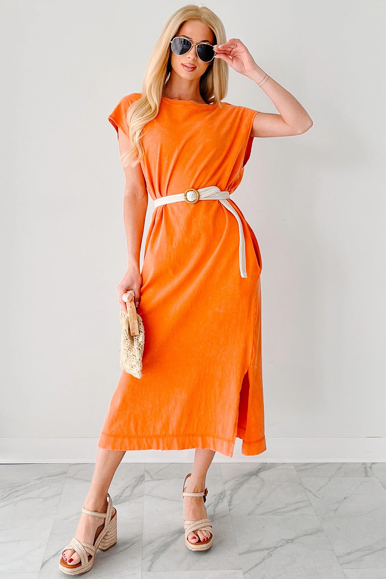 Minimalist-Style Quick Match Sundays In Bed Sleeveless Midi Dress (Orange)