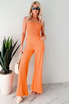 Sunlit Sweetheart Smocked Cut-Out Jumpsuit (Orange) Cool Shape
