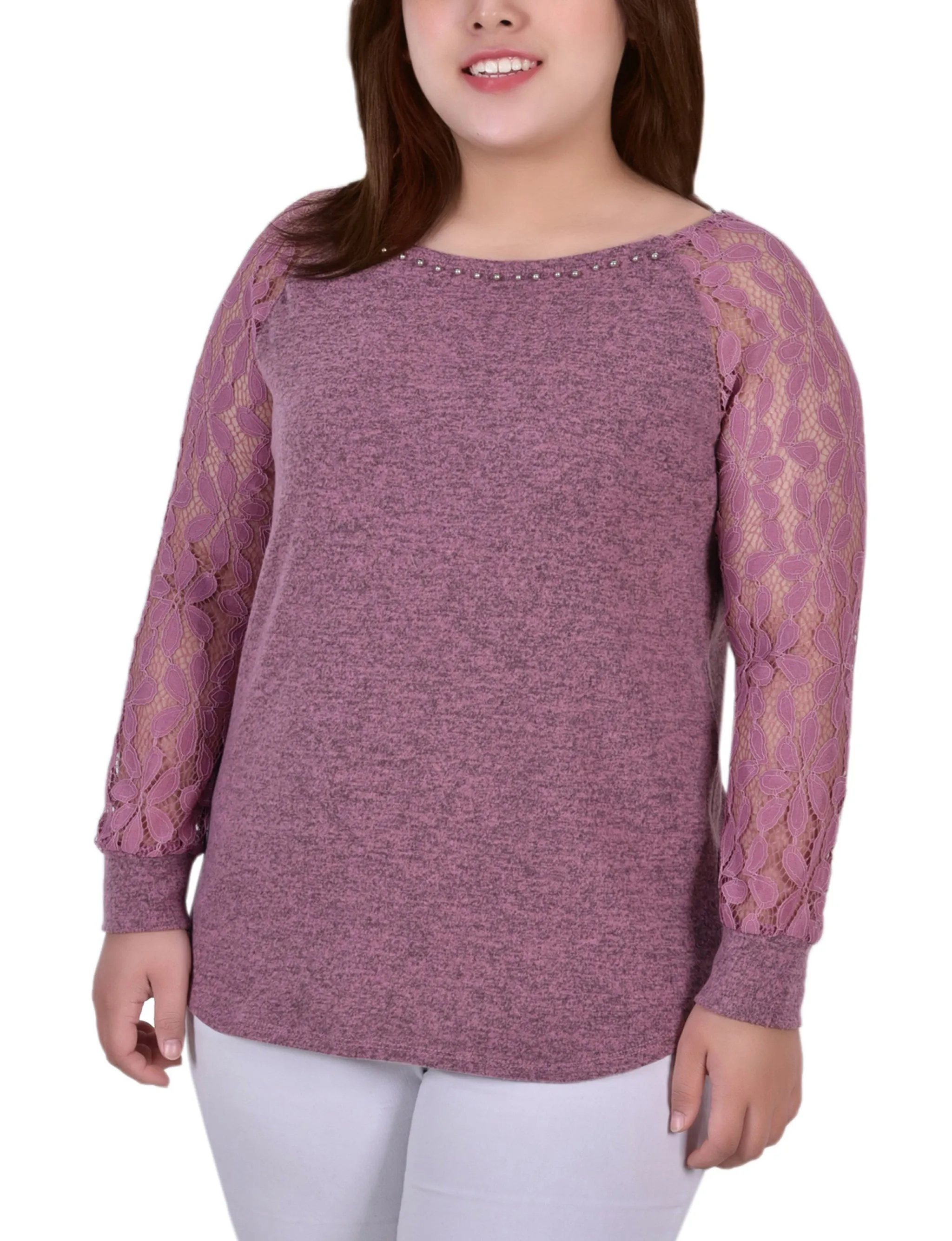Plus Size Long Lace Sleeve Top PlushLining QuickDryTech