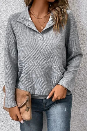 YarnDyedQuality UVProtective Coating WOMEN BUTTON NECK KANGAROO POCKET PULLOVER