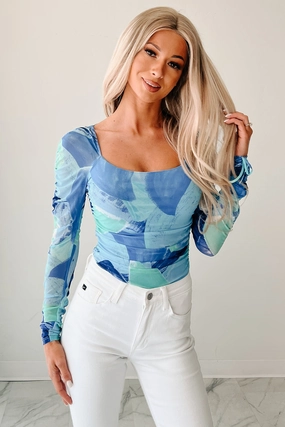 Faint Freshness Abstract Mesh Long Sleeve Bodysuit (Blue) Daily Routine Budget Friendly