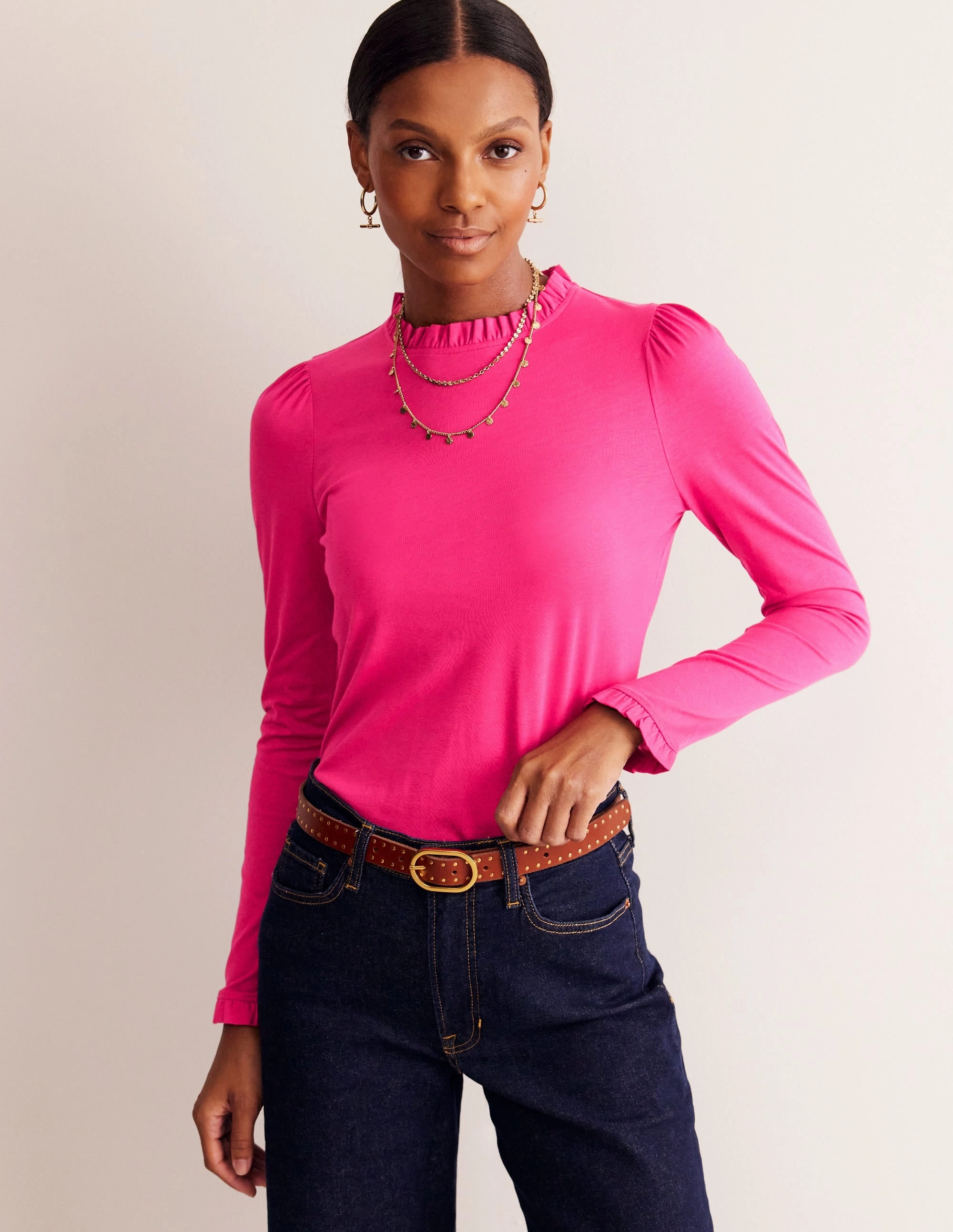 Low Profile Collar Layered Panel Construction Supersoft Frill Detail Top-Cherry Jam