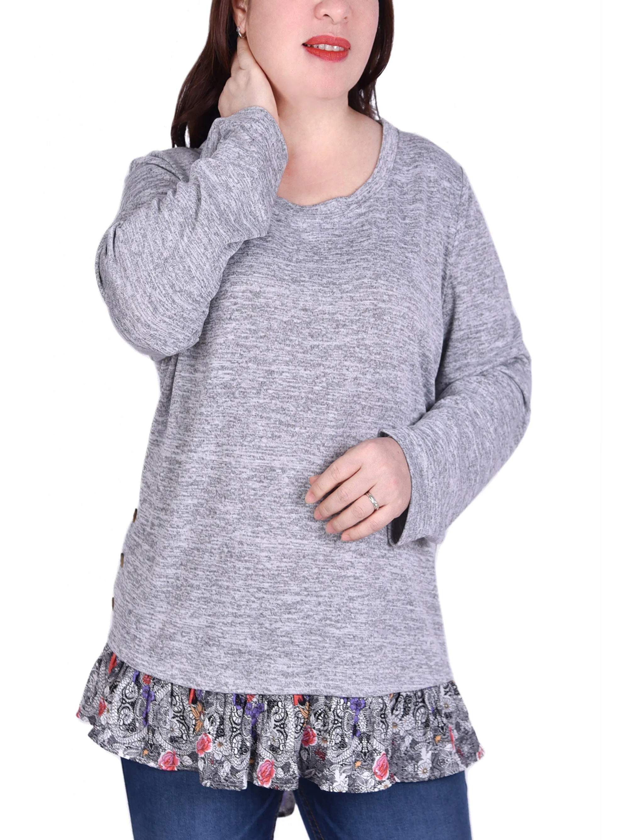 Long Sleeve Tunic Top With Ruffled Hem Snag Resistant Surface