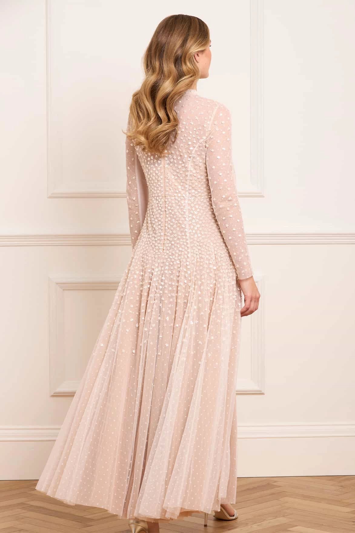 Sequin Cascade Round Neck Gown Lightweight Wear button detail