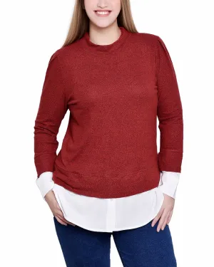 AntiStatic Weave Layered Hem Detailing Petite Long Sleeve Two-Fer Top