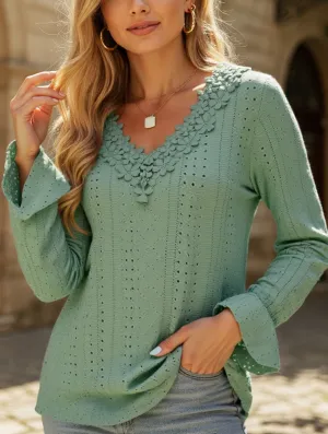 HighNeck Vintage Hollow Crochet V-Neck Long Sleeve Shirt