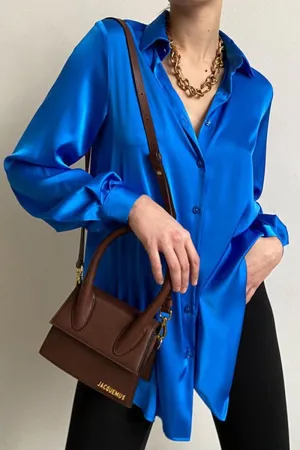 WOMEN LONG SLEEVED SATIN BUTTON UP SHIRTS LaserCutVents NonChafing Fabric