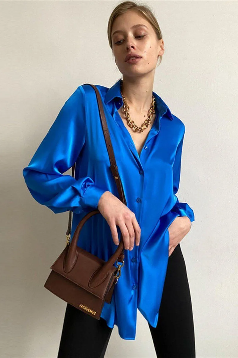 WOMEN LONG SLEEVED SATIN BUTTON UP SHIRTS Ribbed Collar Style
