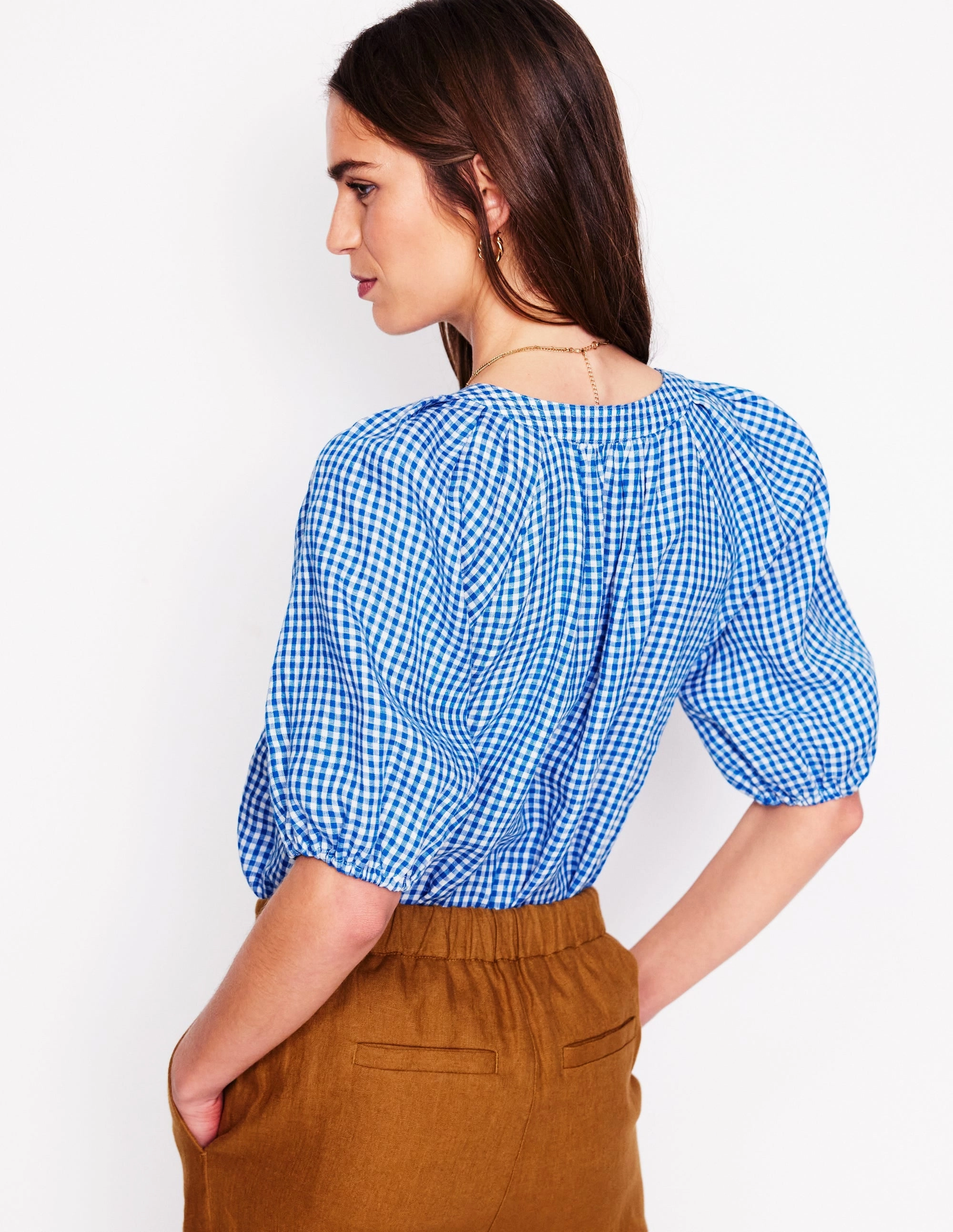 Brooke Linen Top-Kingfisher Blue Micro Gingham BondedShoulder ButterSoftTexture