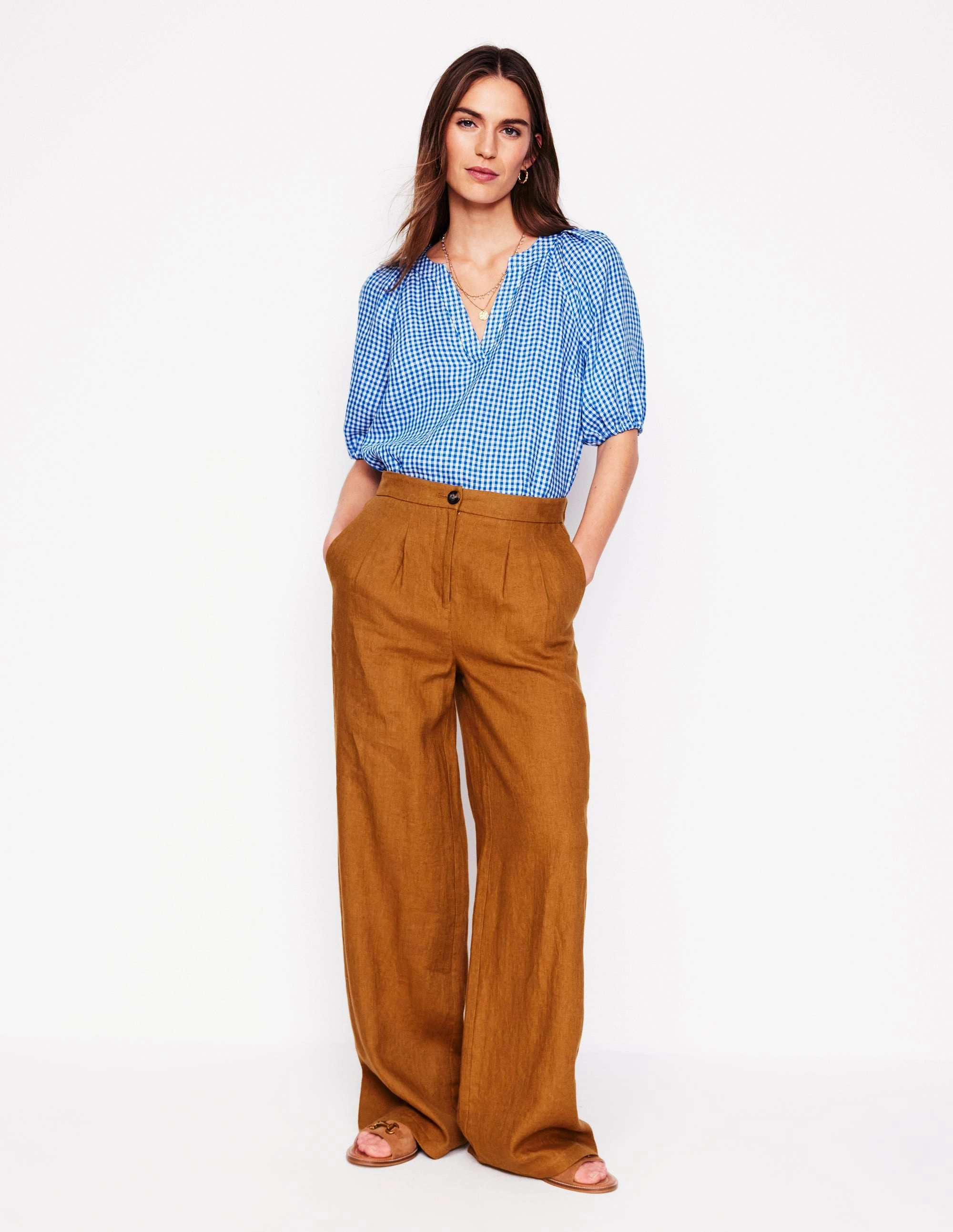 Brooke Linen Top-Kingfisher Blue Micro Gingham Comfortable Wear