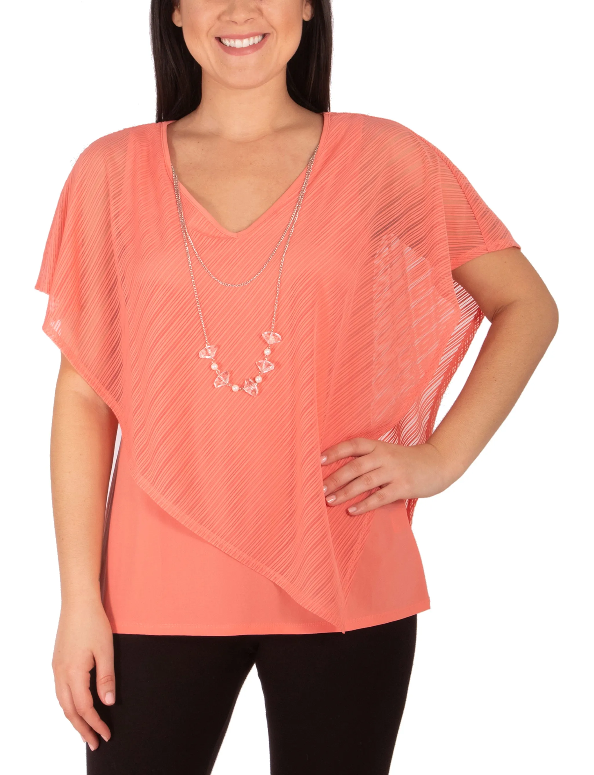 Basic Long Sleeve All Season Wear Fabric Burnout Poncho Top With Removable Necklace