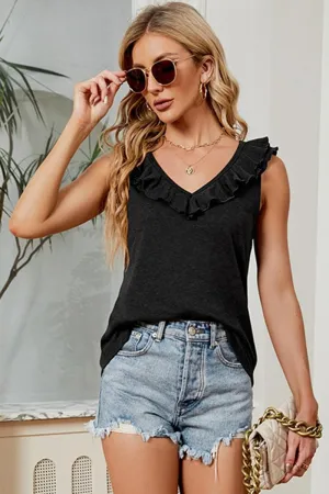 Neutral Tone Stitching DEEP V FRILL NECK SLEEVELESS TOP
