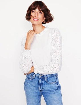 Broderie Sleeve Frill Neck Top-White LayeredStyling