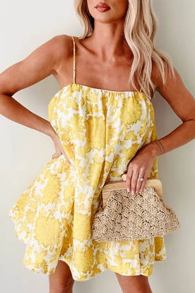 Soft Shine Fall Style Sweet Surrender Floral Babydoll Mini Dress (Yellow)