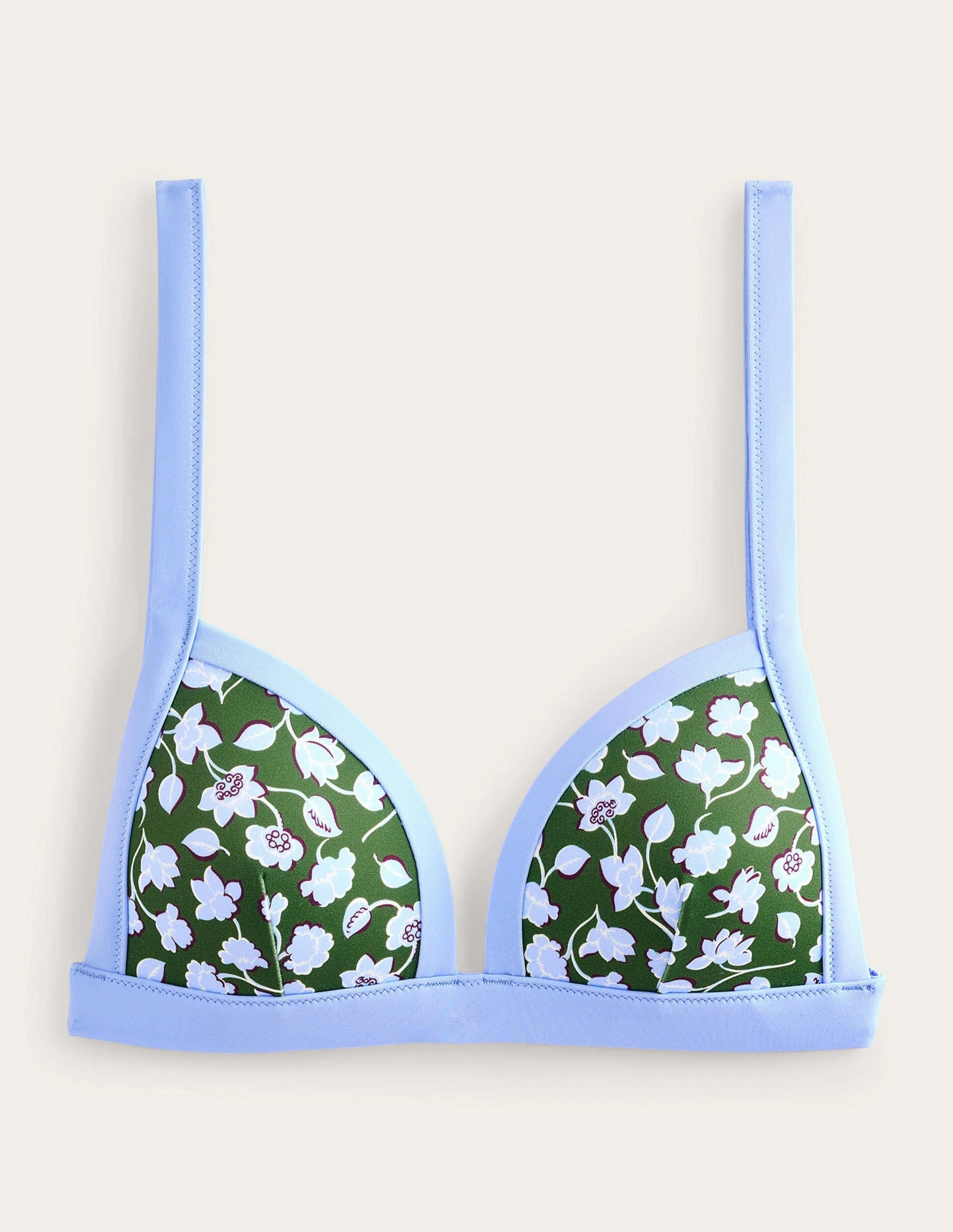 Water Repellent Coating Flexible Waistband Triangle Panelled Bikini Top-Winter Green, Blue Floral