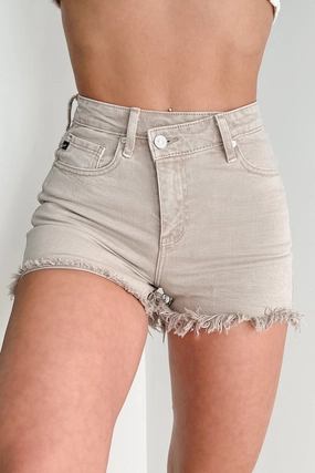 Long Use Quick Comfort Fit Sylvan High Rise 90's Crossover Kancan Denim Shorts (Tan)