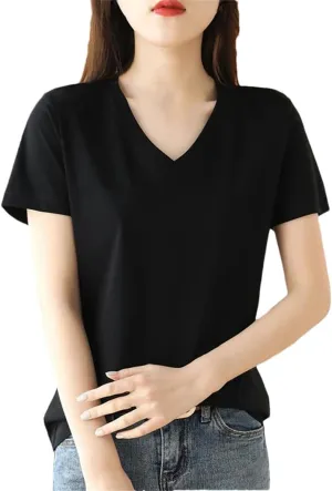 T Shirts for Women Women's Cotton T-Shirts V-Neck Short Sleeve Tees Solid Color T-Shirt Tops