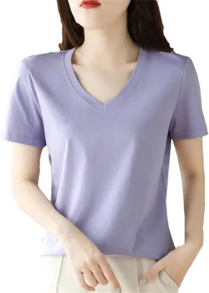 T Shirts for Women Women's Cotton T-Shirts V-Neck Short Sleeve Tees Solid Color T-Shirt Tops