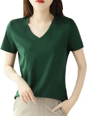 T Shirts for Women Women's Cotton T-Shirts V-Neck Short Sleeve Tees Solid Color T-Shirt Tops