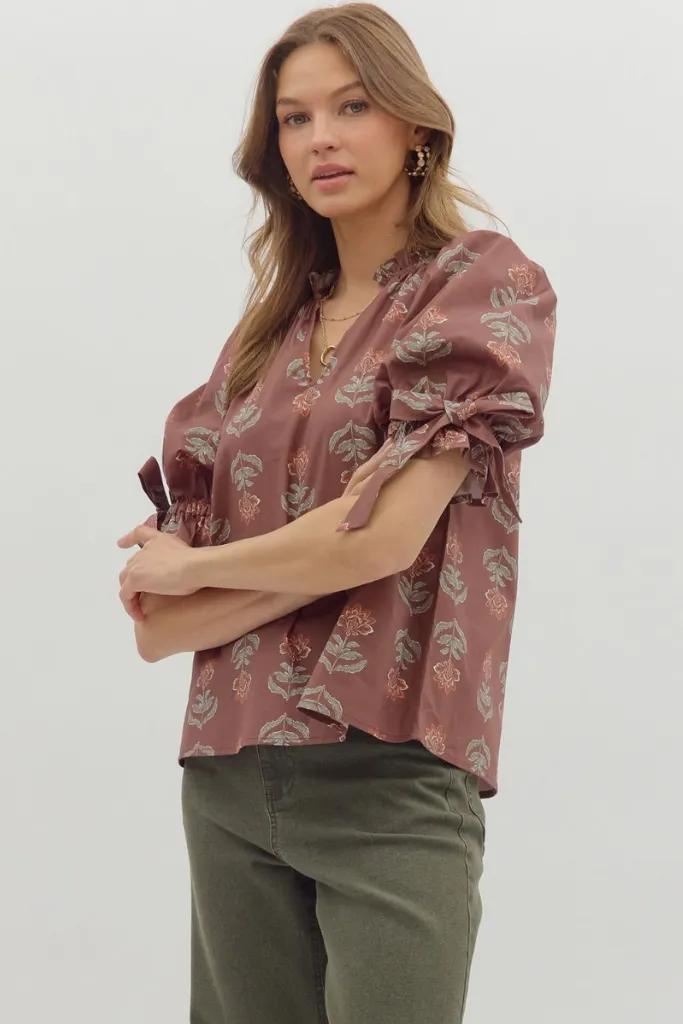 Contrast Stitch Margot Floral Puff Sleeve Top