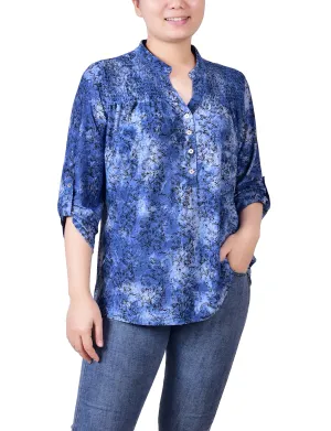 Petite 3/4 Roll Tab Sleeve Smocked-Yoke Top High Neck Design Casual Sweater