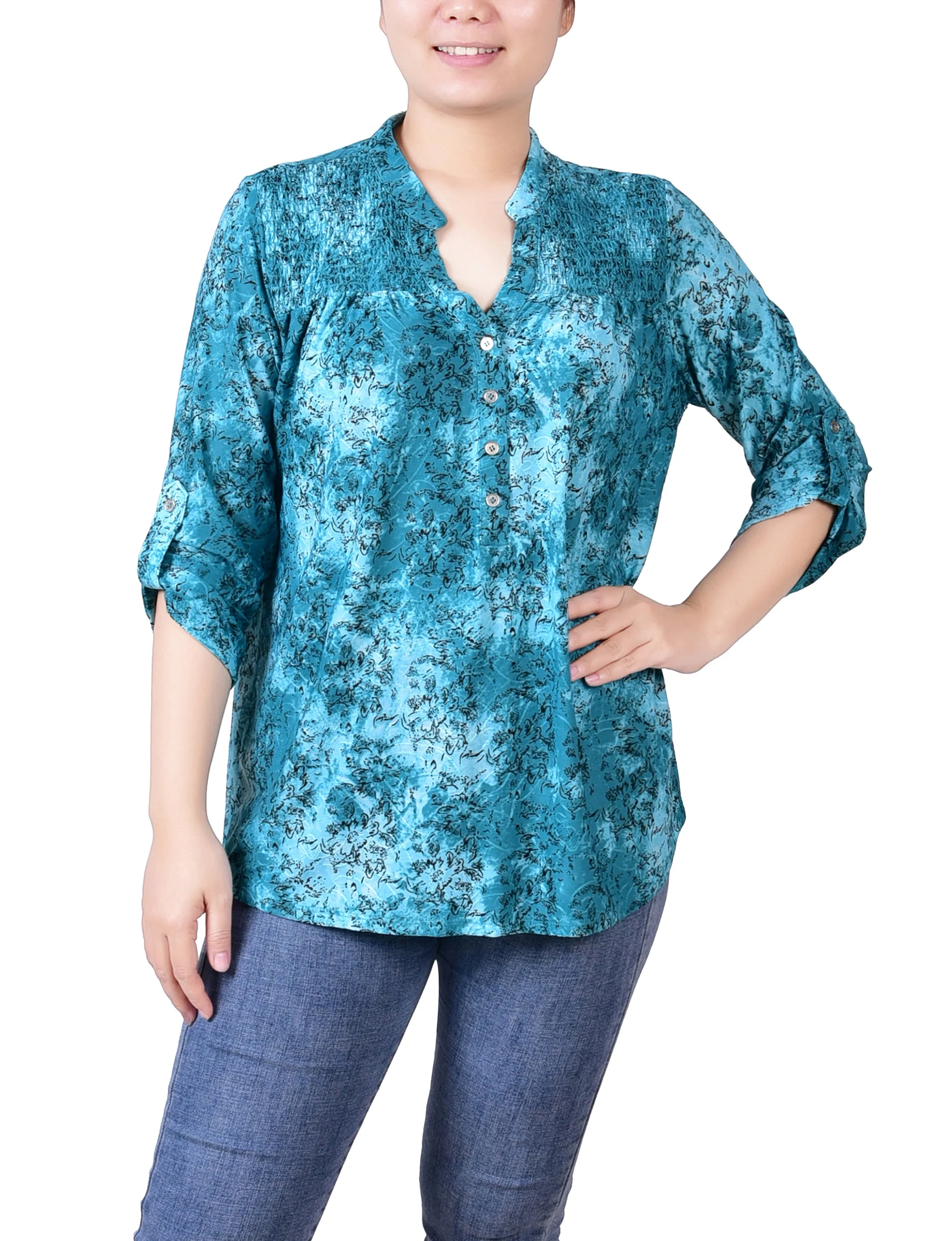 AbrasionResistantFabric Wear Resistant Edge Petite 3/4 Roll Tab Sleeve Smocked-Yoke Top