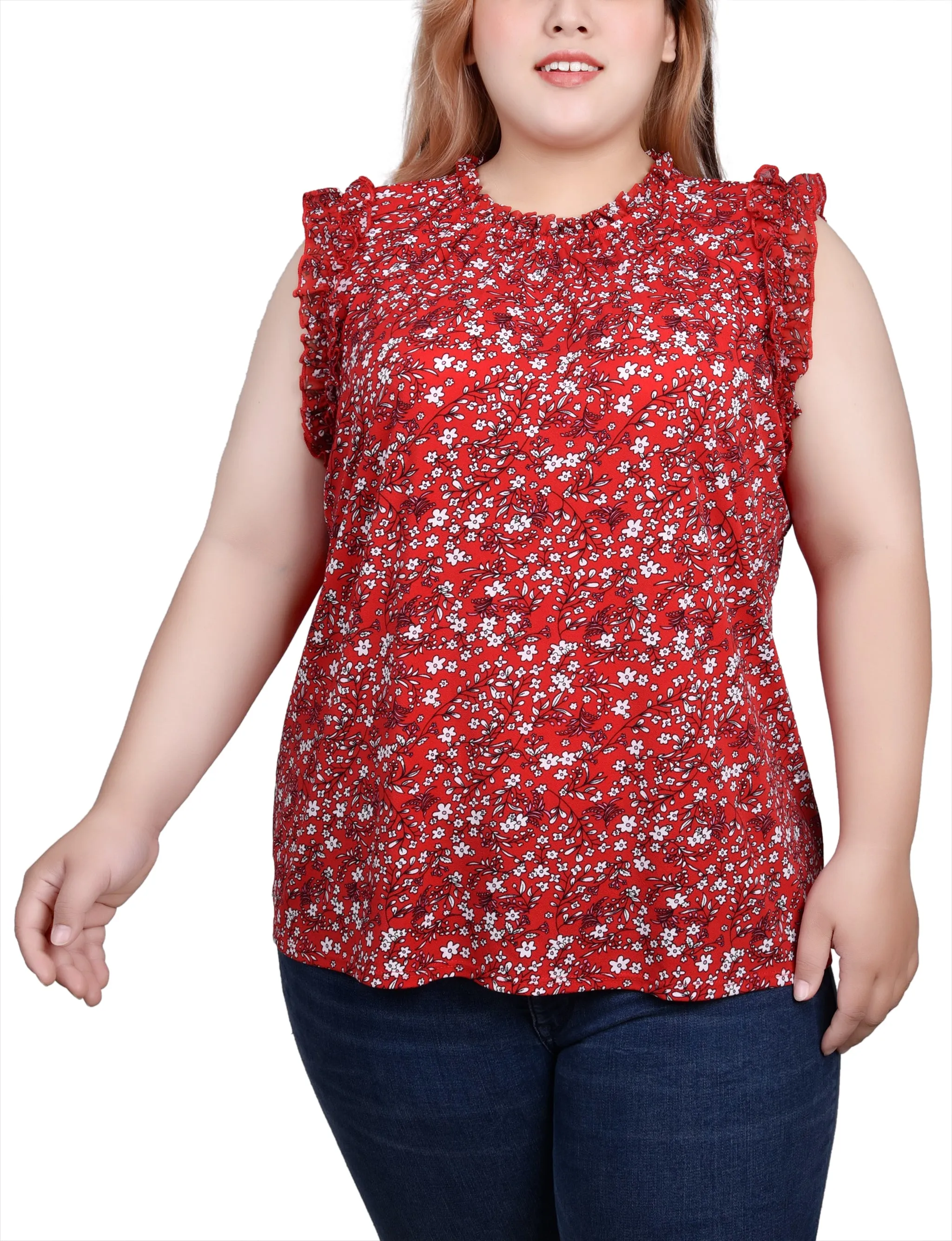 ConvertibleSleeves Plus Size Sleeveless Crepe Top With Chiffon Ruffles
