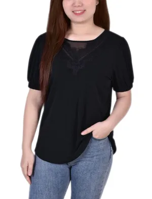 SecurePockets Unstructured Silhouette Short Puff Sleeve Top With Lace