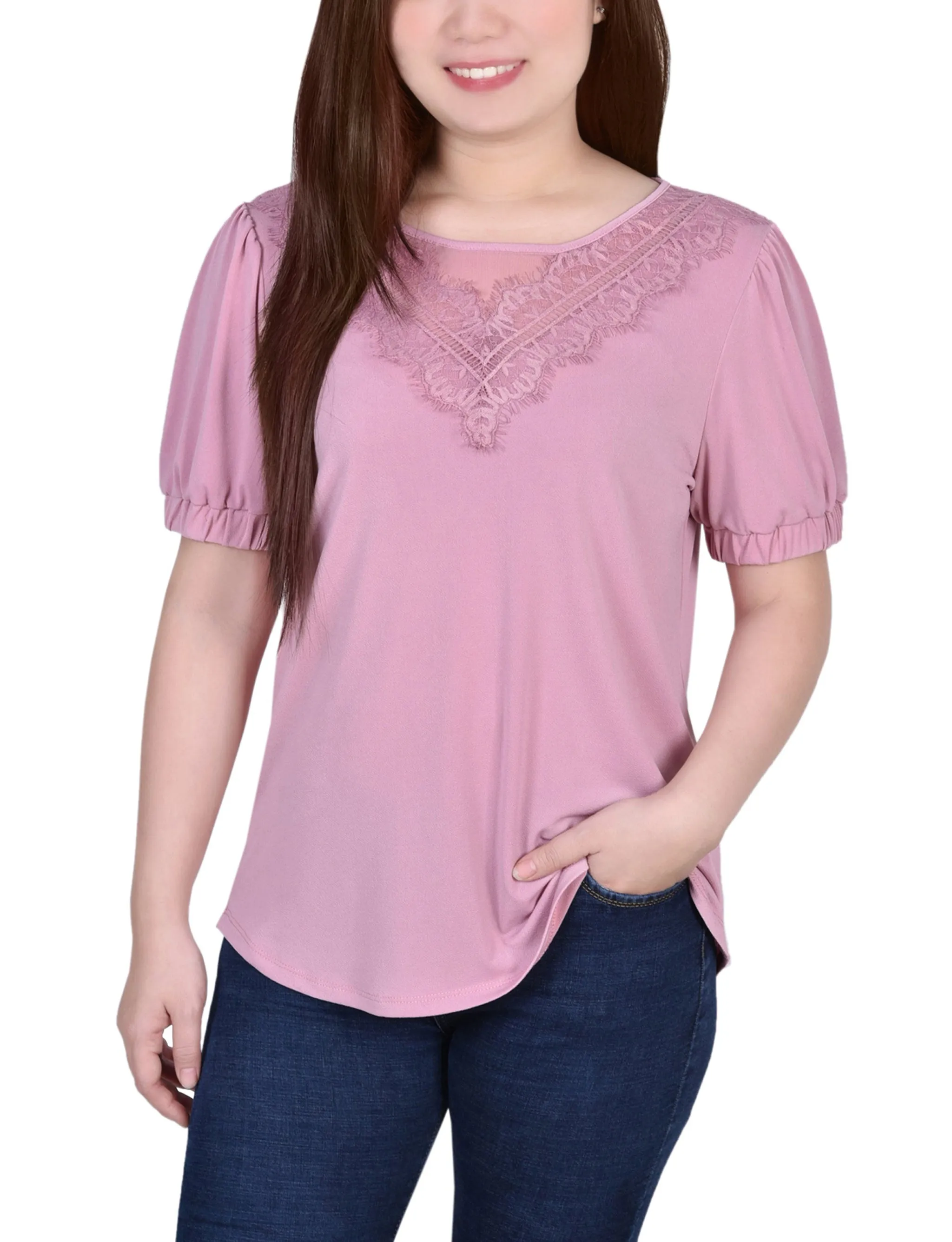 AthleisureReady Short Puff Sleeve Top With Lace