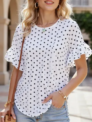 AntiStaticTreatment Polka Dot Batwing Sleeve Ruffle Loose Top ??Women's Lightweight Casual Blouse