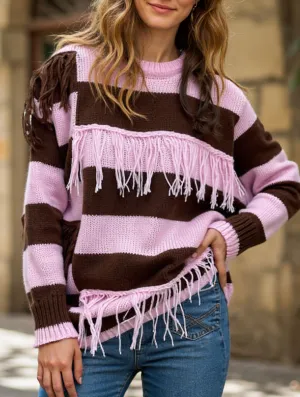 Color-blocked hand-knit tassel sweater EcoCertified Material ArticulatedElbowShaping