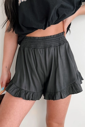 LowProfileTopstitching Layering Piece Silk & Spice Ruffle Hem High Rise Shorts (Black)