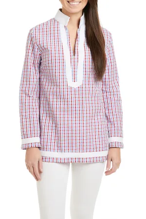 Modular Pocket Layout FourWayStretch Tunic Top Red, White & Blue Seersucker Check with White Trim