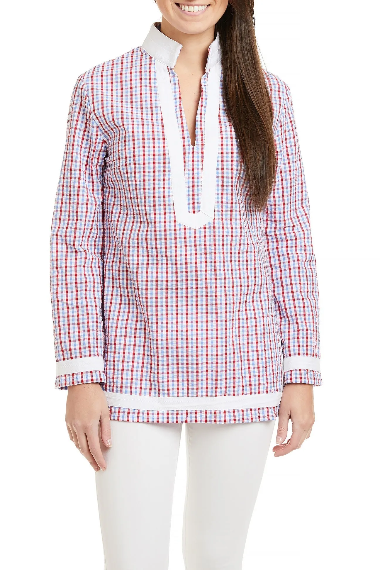 Modular Pocket Layout FourWayStretch Tunic Top Red, White & Blue Seersucker Check with White Trim