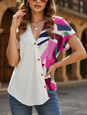 Contoured Side Panels AthleisureInspired V-Neck Geometric Print Shoulder Loose Chiffon Top ??Lightweight & Breezy